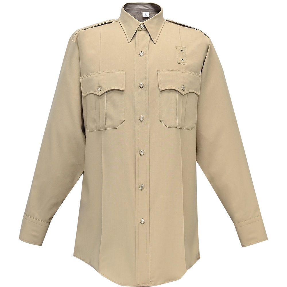 Product shot of a tan long-sleeved uniform shirt featuring button-down front, two chest pockets with flaps, and epaulet detail on the shoulder