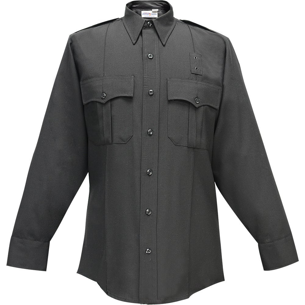 Product shot of a Flying Cross black long-sleeve police uniform shirt featuring button-down collar, two chest pockets, and black buttons against a white background