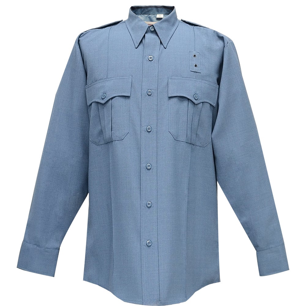Product shot of a blue long-sleeve uniform shirt featuring button-down flap pockets and epaulets, showcasing a subtle textured fabric and dark buttons against a plain white background