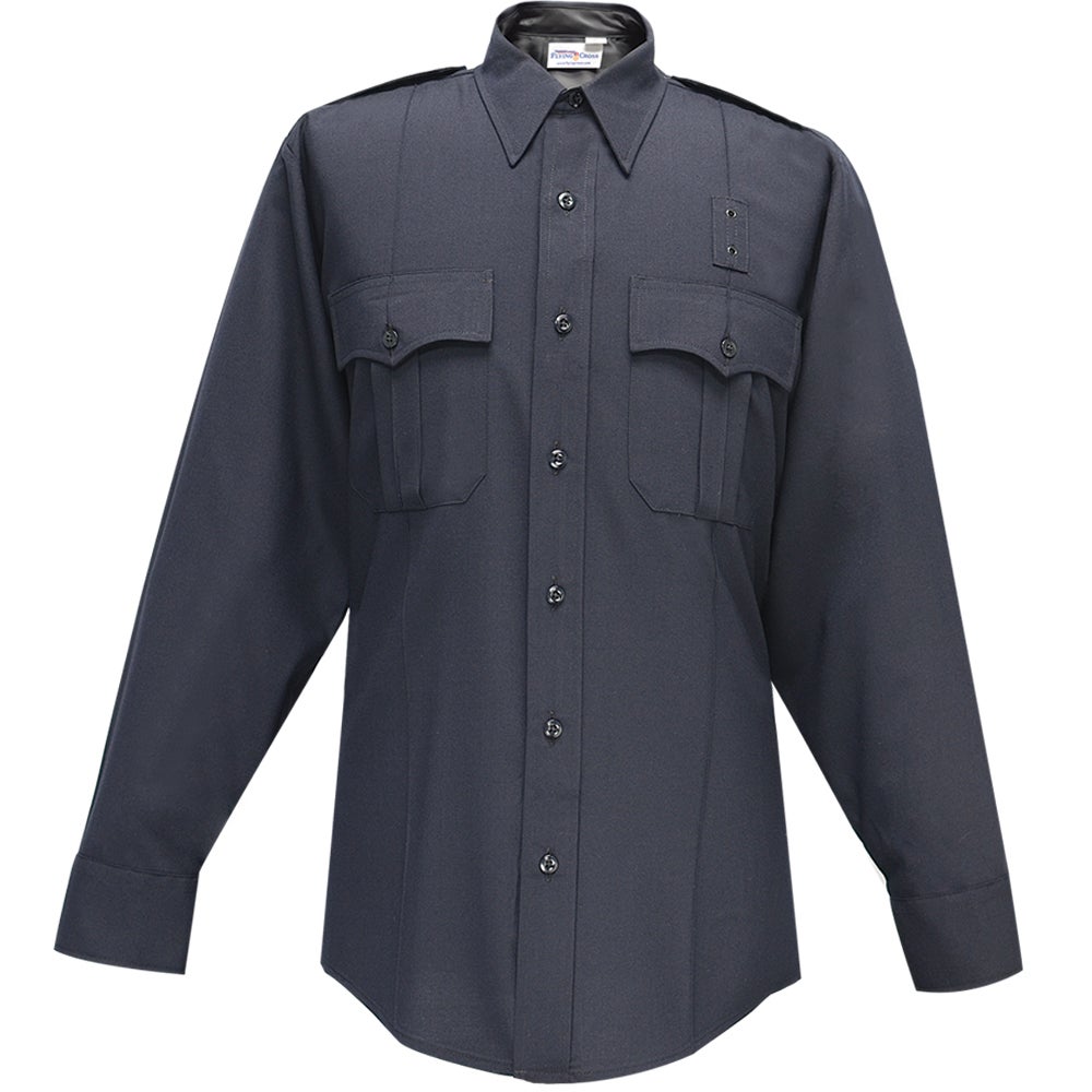Product shot of a dark navy blue long-sleeve uniform shirt featuring button-down front, two breast pockets, and epaulet detail
