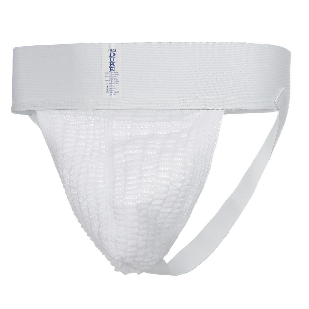 Product shot of a Duke large athletic supporter showing white cotton fabric, a wide elastic waistband, and two adjustable straps