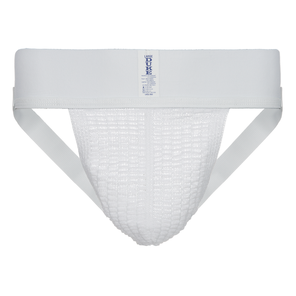 Product shot of a large Duke athletic supporter featuring a white cotton blend knit pouch with wide elastic waistband and leg straps showing the Duke logo and size details