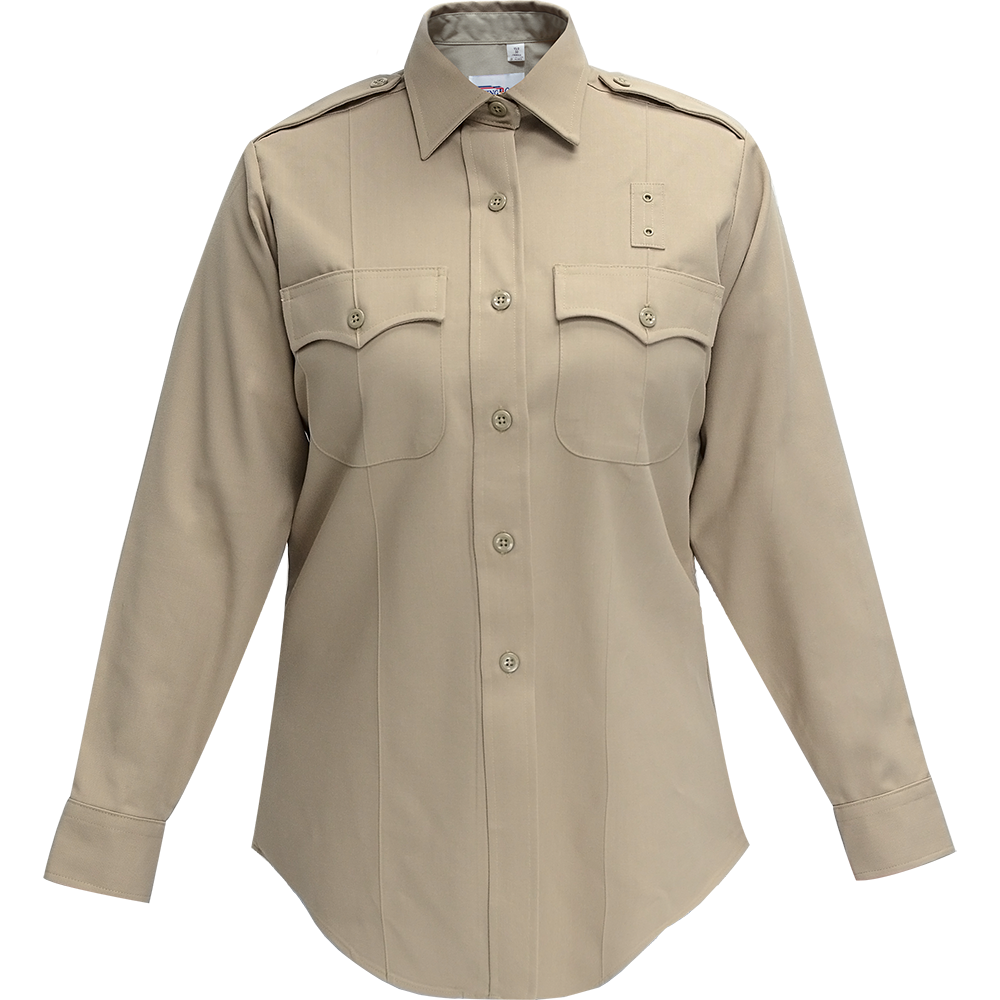 Product shot of a khaki women's long-sleeve uniform shirt featuring buttoned flap pockets, a collared neckline, and a subdued beige color against a plain background