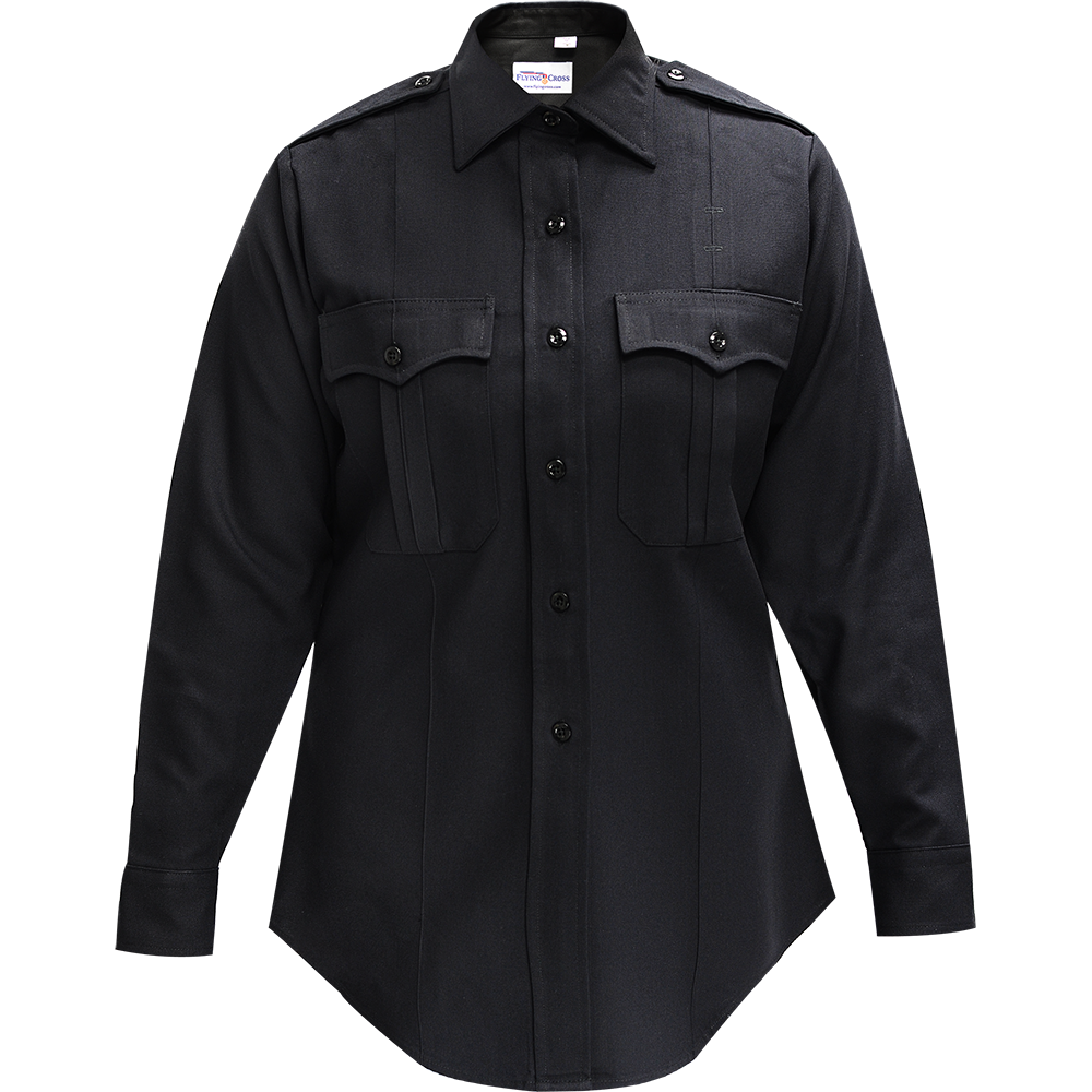 Product shot of a Flying Cross women's long sleeve black uniform shirt featuring a button-down front, two chest pockets, and a classic collar