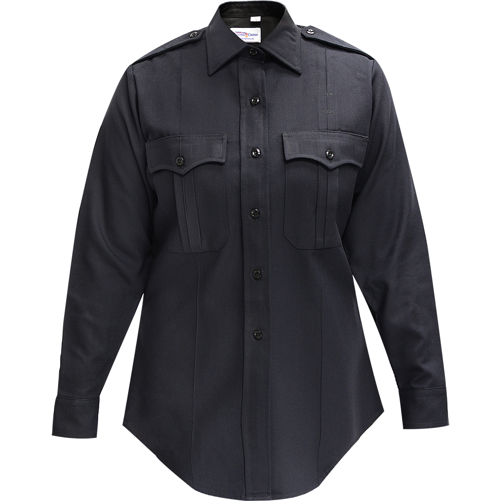 Product shot of a dark navy blue women's long sleeve uniform shirt featuring a button-down collar, two chest pockets, and black buttons showing a structured fit and professional appearance