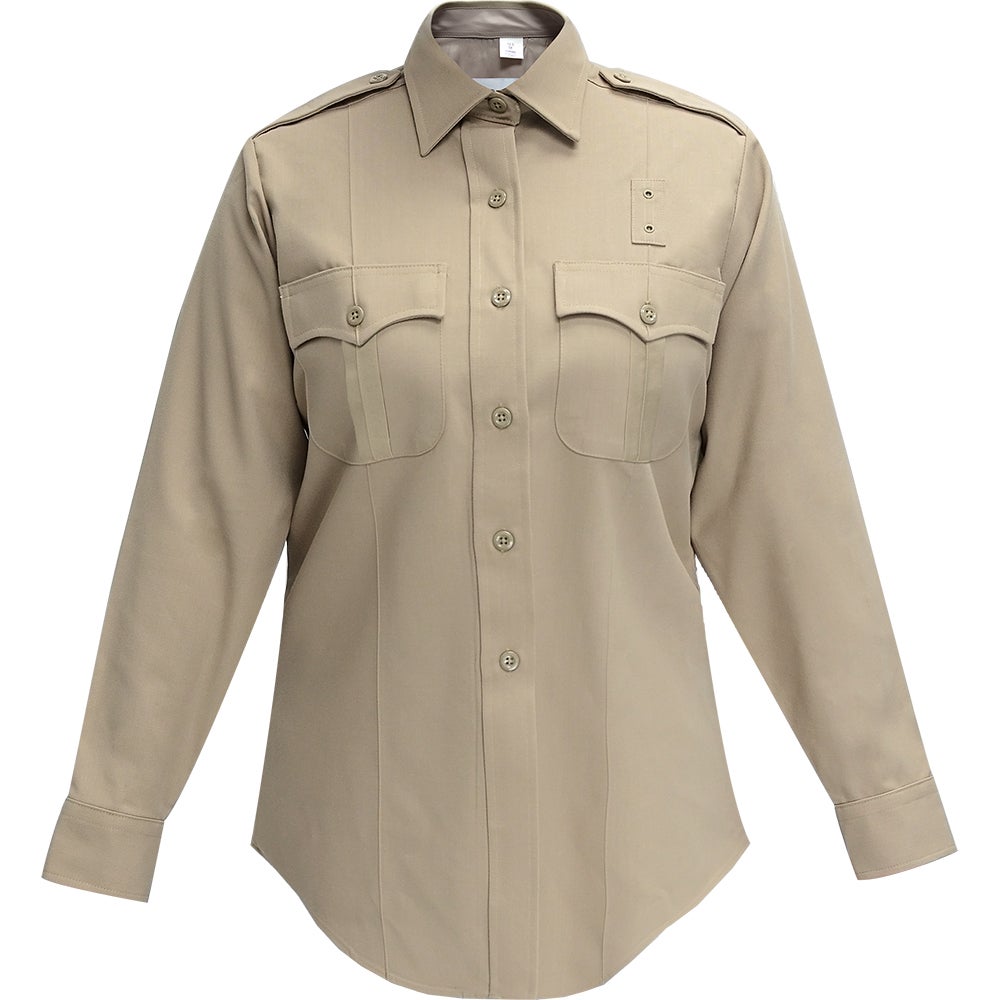 Product shot of a beige women's long-sleeve uniform shirt featuring two chest pockets, buttoned cuffs, and a collared neckline showing subtle details like its tailored fit and subdued color