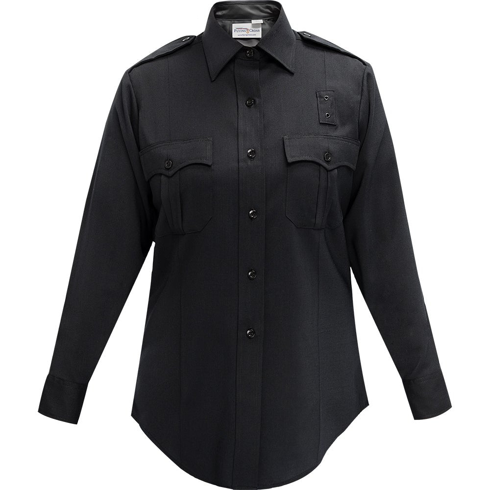 Product shot of a Flying Cross women's long sleeve black uniform shirt featuring button closures, two breast pockets, and epaulets.