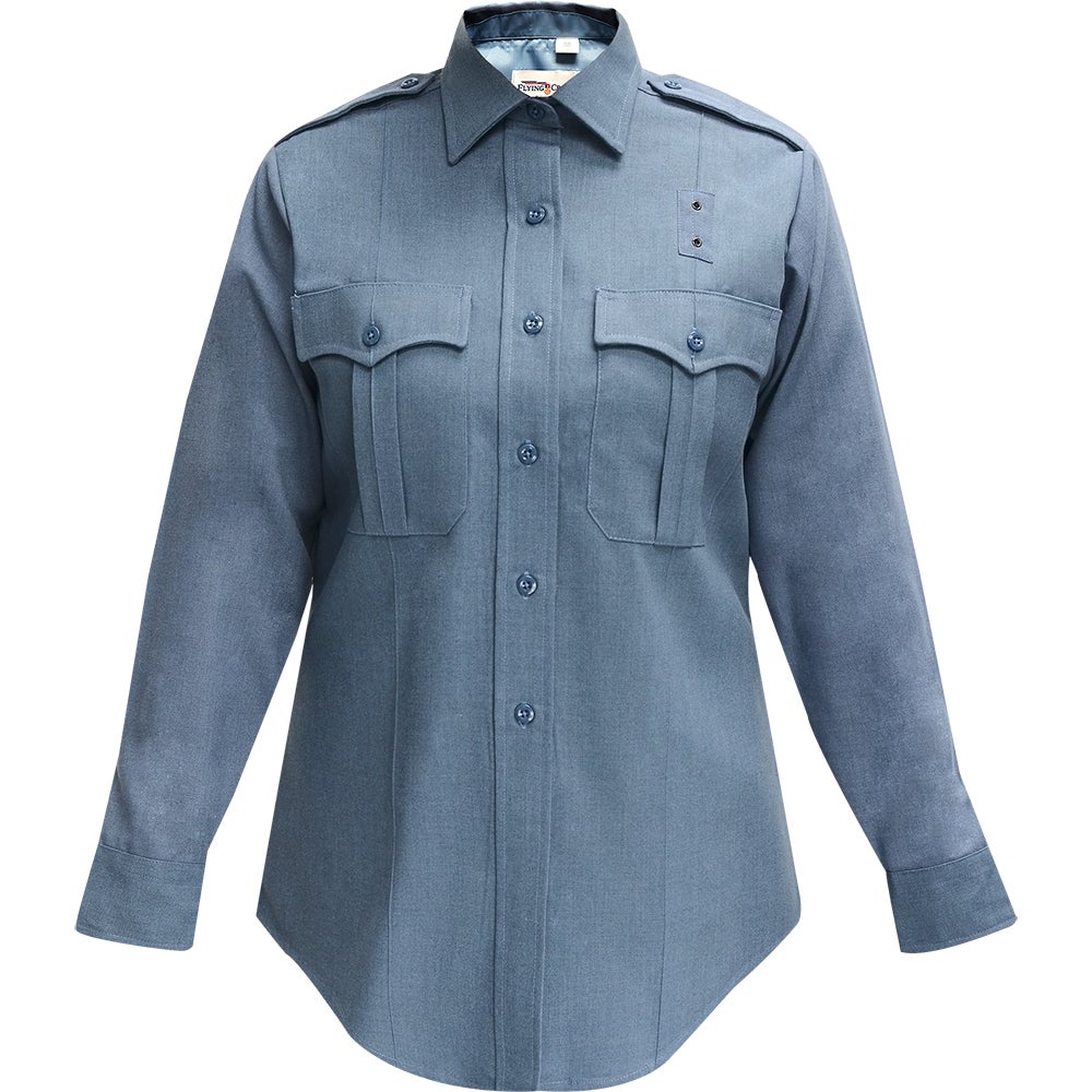 Product shot of a women's long-sleeve, steel-blue uniform shirt featuring two chest pockets, button closures, and epaulets; showcasing a professional and durable design