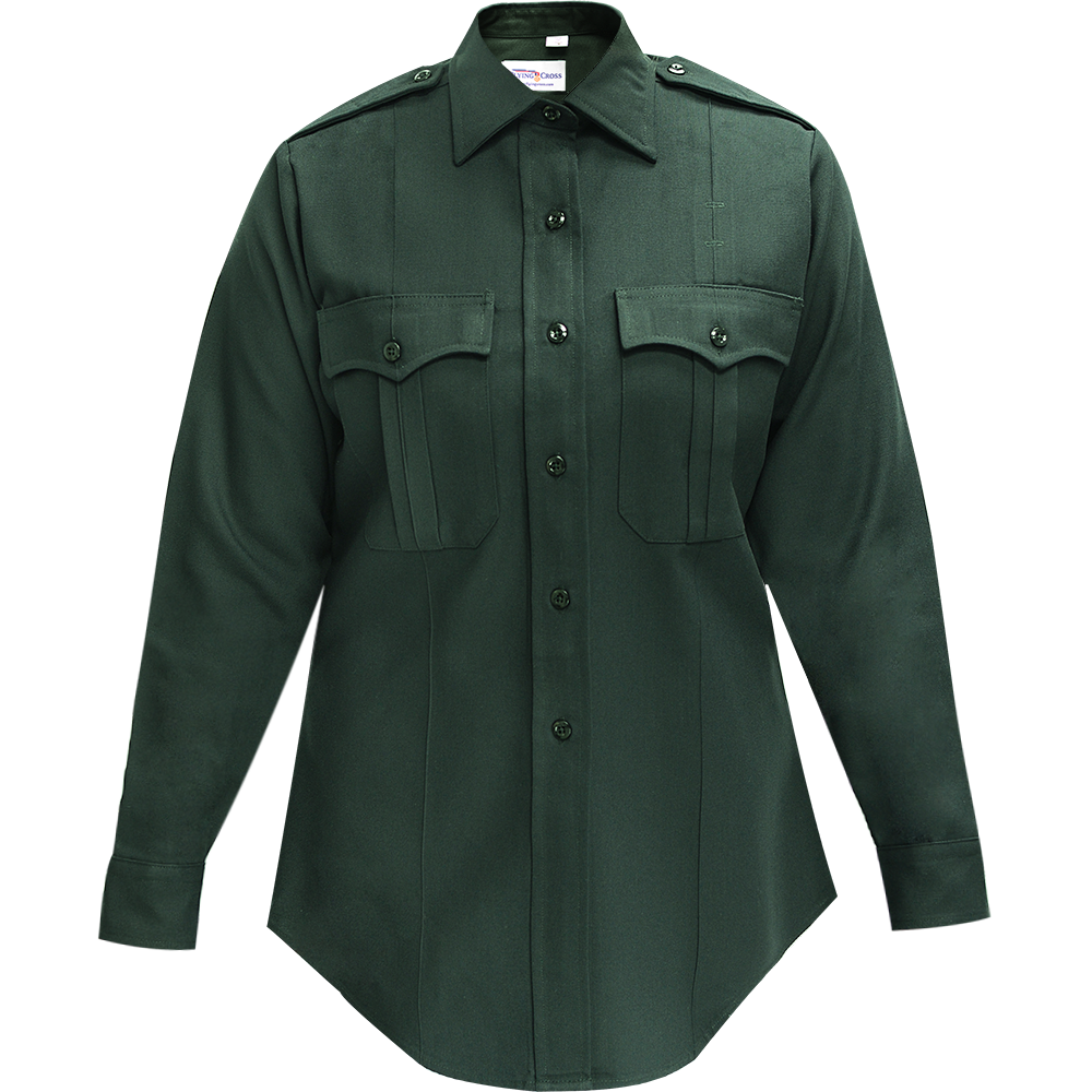 Product shot of a dark green, long-sleeved women's uniform shirt featuring button-down front, flap pockets, and a classic collar, showcasing its durable fabric and tailored fit
