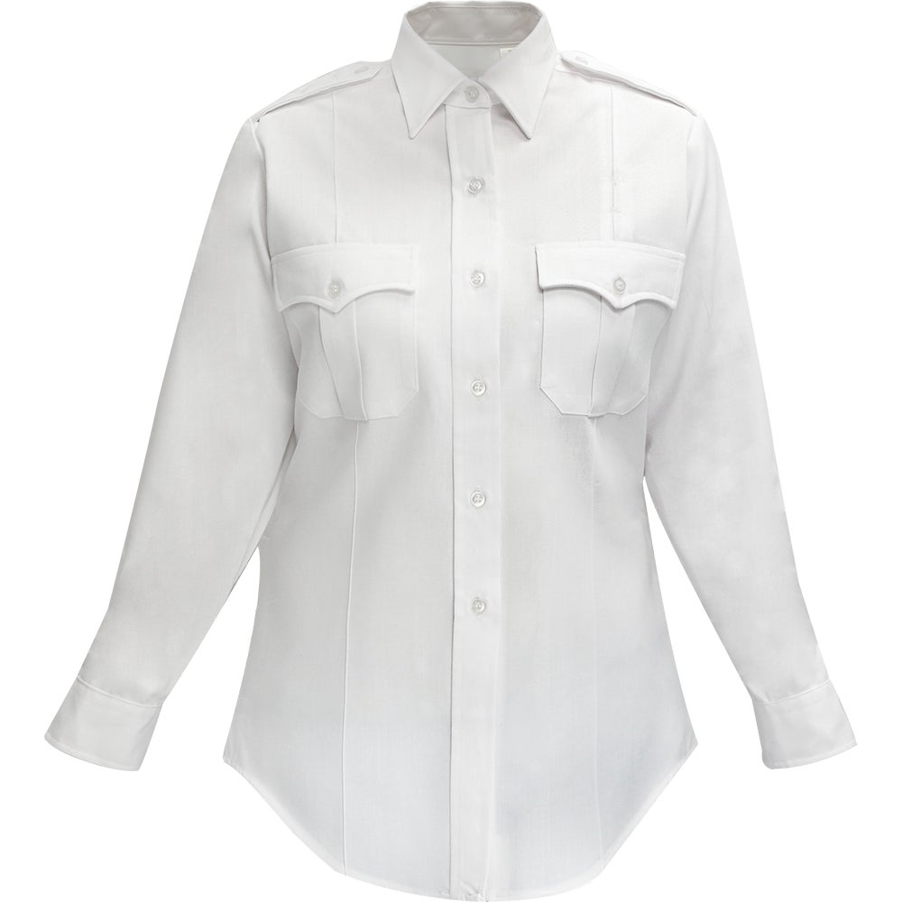 Product shot of a women's long-sleeved white uniform shirt featuring two breast pockets and a button-down front with pearlescent buttons and crisp pleats