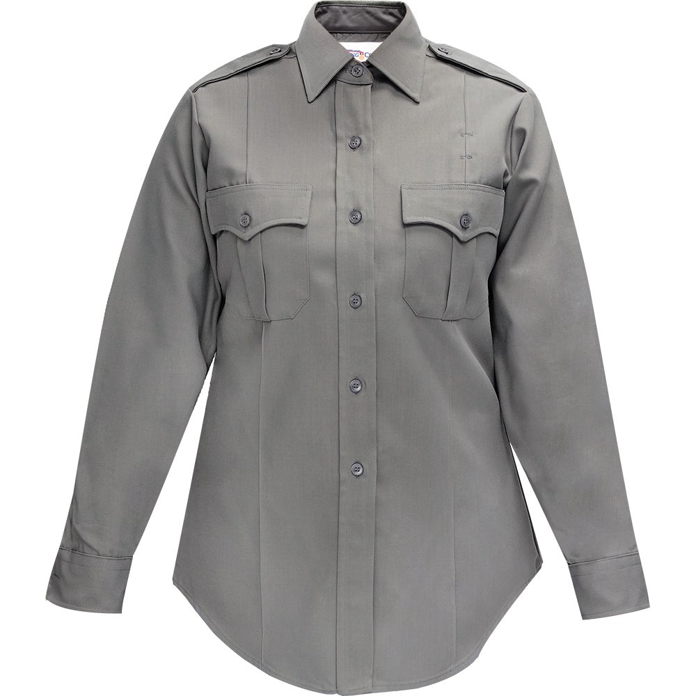 Product shot of a grey women's long-sleeve uniform shirt with two chest pockets and button-down front featuring a classic collar and subtle texture