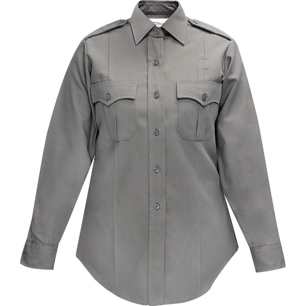 Product shot of a women's long-sleeve, gray, button-down shirt with epaulets and two chest pockets featuring a tailored fit and dark gray buttons