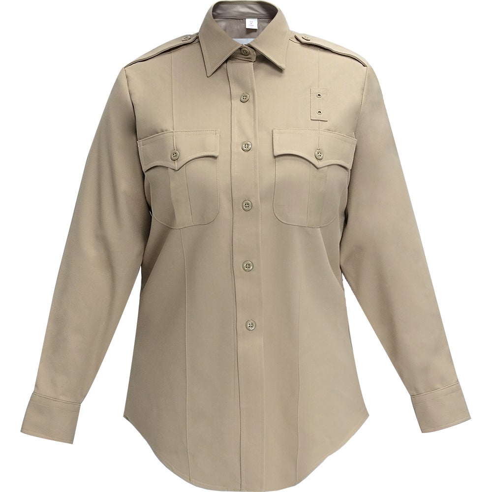 Product shot of a khaki women's long-sleeve uniform shirt featuring two breast pockets, button closures, and epaulets