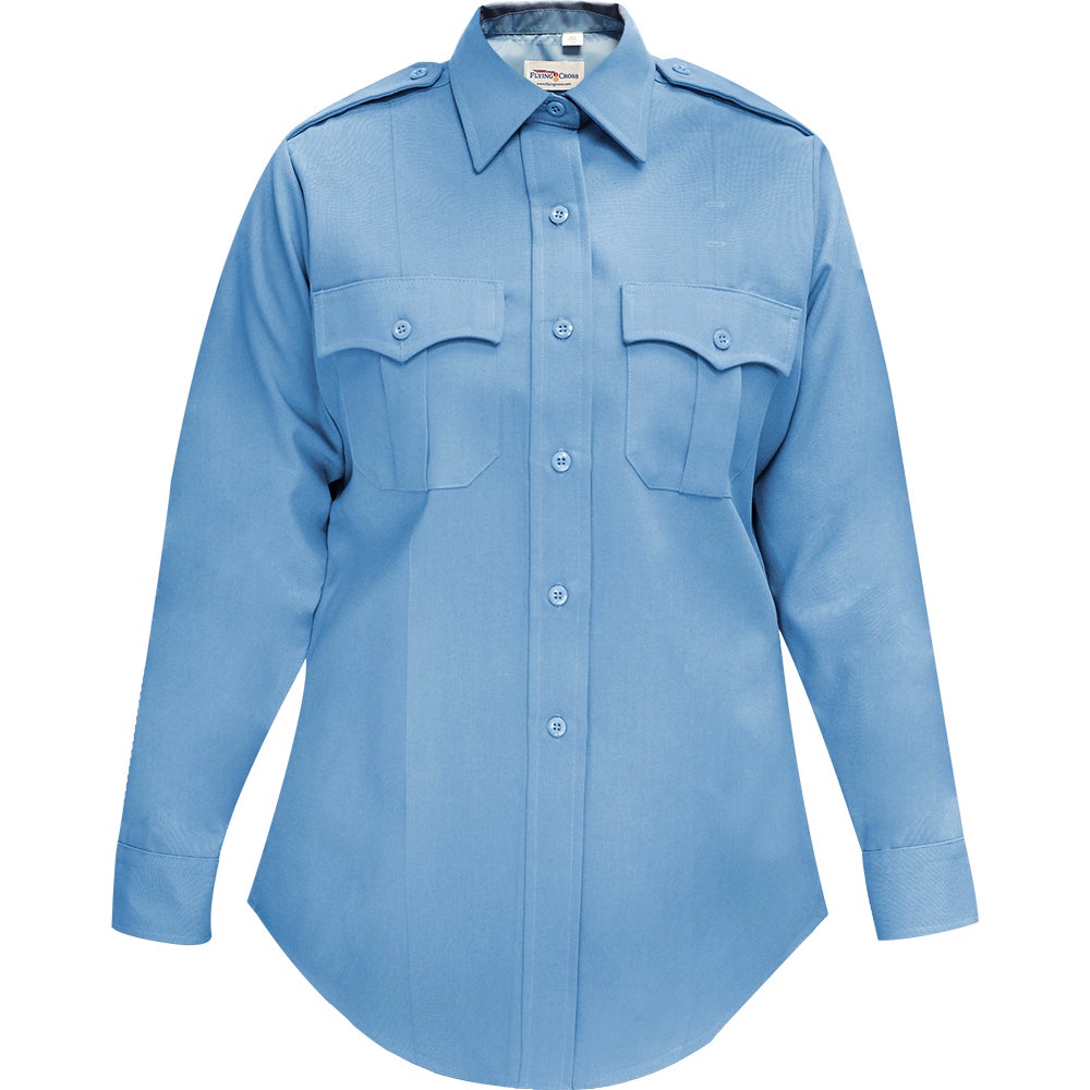 Product shot of a light blue long-sleeved Flyer's Cross women's uniform shirt featuring two chest pockets and button-down front with a crisp collar and neatly stitched cuffs