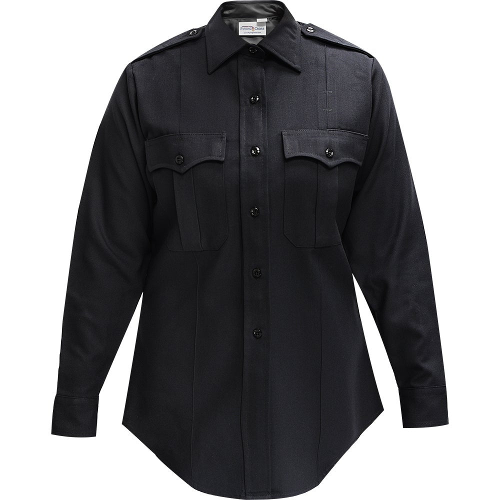 Product shot of a Flying Cross women's long-sleeve black uniform shirt featuring a button-down front, two chest pockets, and epaulets showcasing its professional and durable design