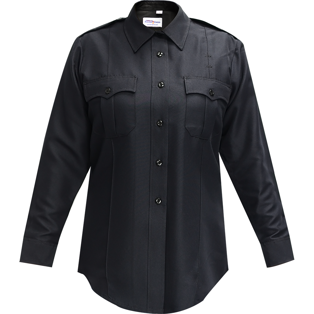 Product shot of a Flying Cross women's long-sleeve black uniform shirt featuring a button-down collar, two chest pockets, and black buttons showing the shirt's durable fabric and tailored fit