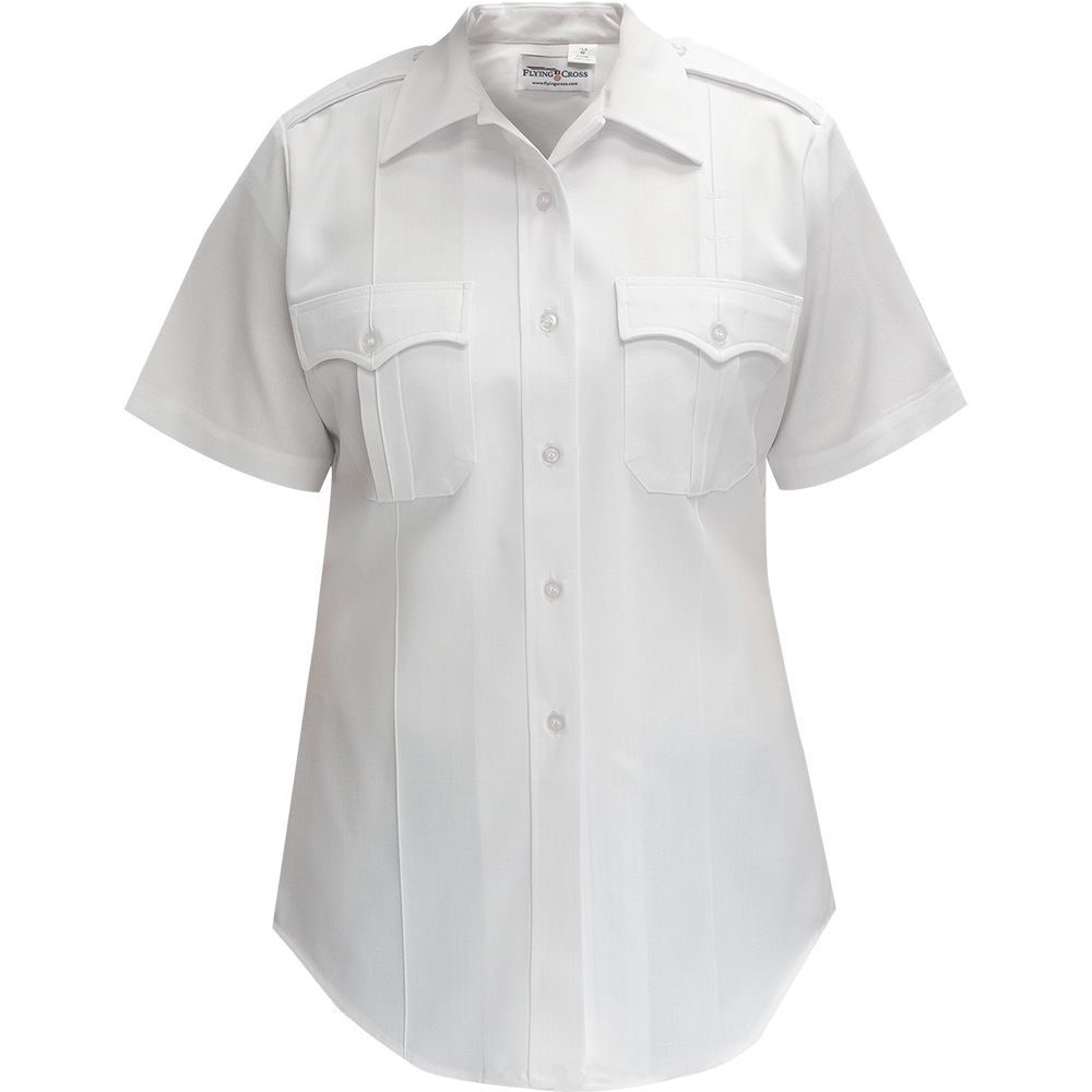 Product shot of a Flying Cross women's short sleeve white uniform shirt featuring a collared neckline, two breast pockets with flaps, and pearly white buttons.
