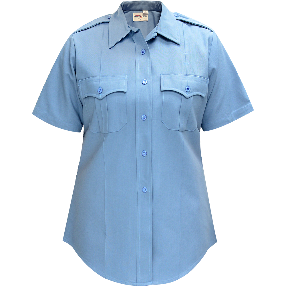 Flying Cross women's light blue short sleeve uniform shirt featuring two chest pockets and button-down front with a subtle A-line silhouette and short sleeves