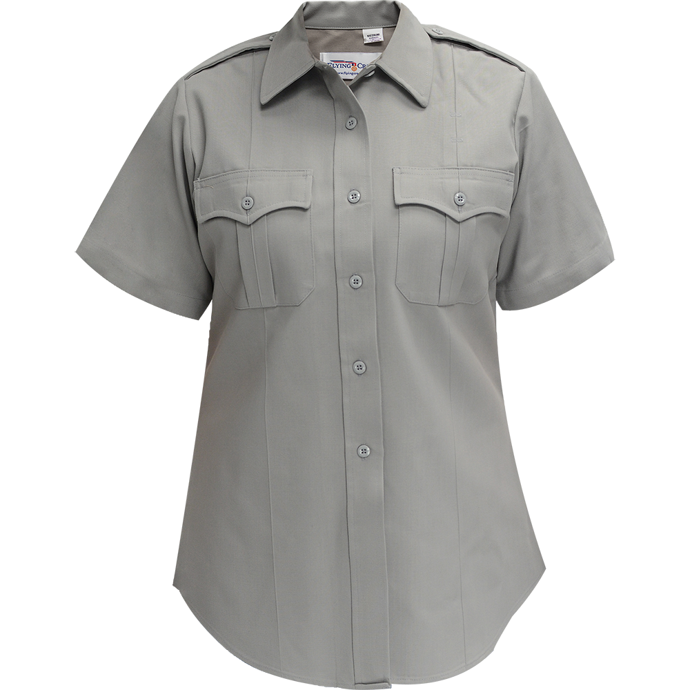 Flying Cross womens short sleeve light gray uniform shirt with button down front and two chest pockets featuring a notched collar and subtle pleats