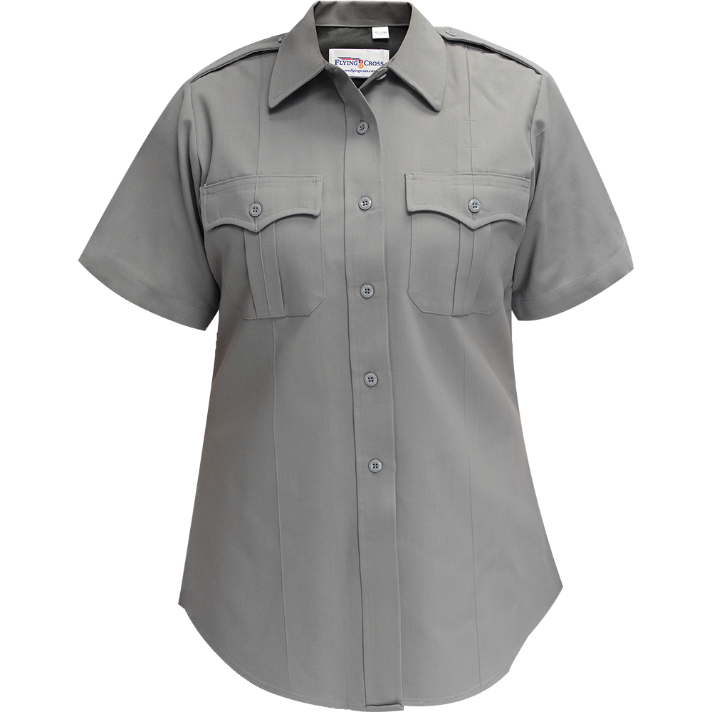 Flying Cross womens short sleeve shirt gray uniform shirt with button front and two flap pockets featuring a subtle sheen and a small logo