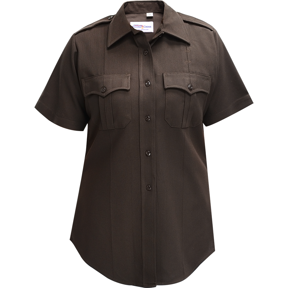 Product shot of a Flying Cross brown women's short sleeve uniform shirt featuring a button-down collar, two flap pockets, and dark buttons.