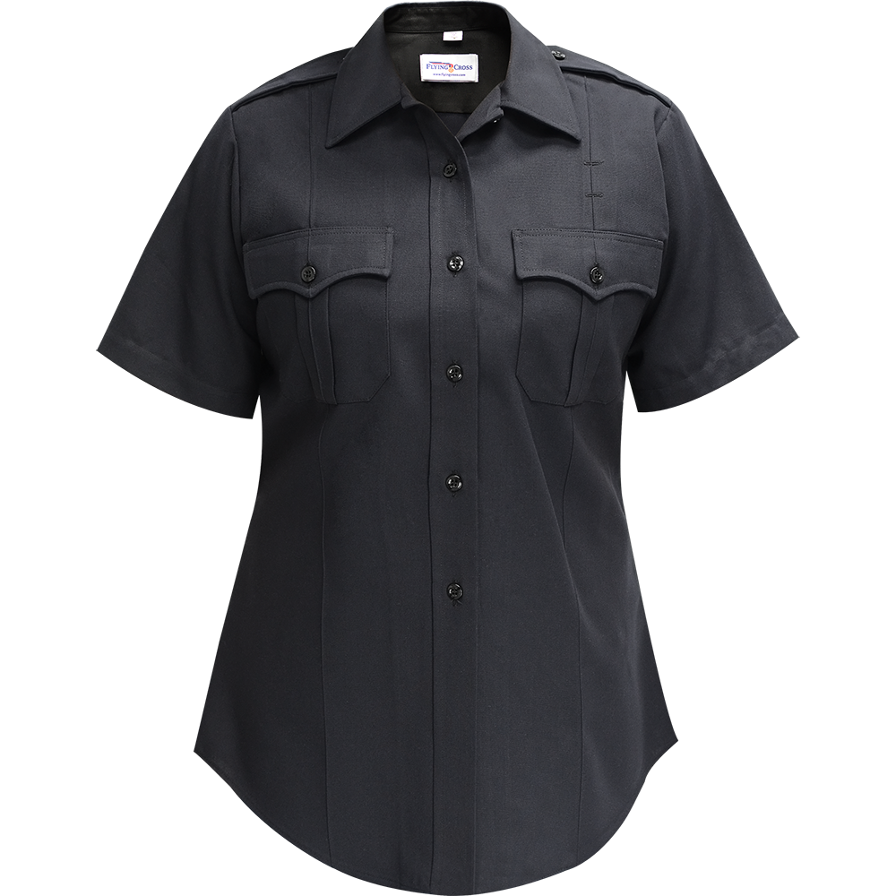 Product shot of a Flying Cross women's short-sleeve black uniform shirt featuring a collared neckline, two breast pockets with flaps, and dark buttons