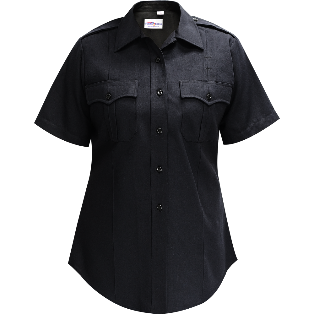 Product shot of a Flying Cross women's short sleeve black uniform shirt featuring a classic collar, two breast pockets, and dark buttons