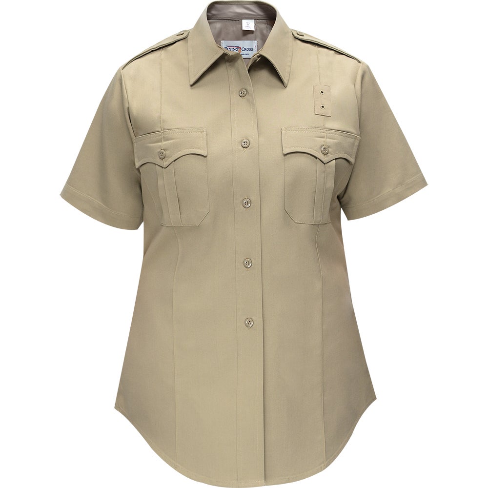 Product shot of a Flying Cross khaki women's short-sleeve uniform shirt featuring button closures, two breast pockets, and a curved hemline