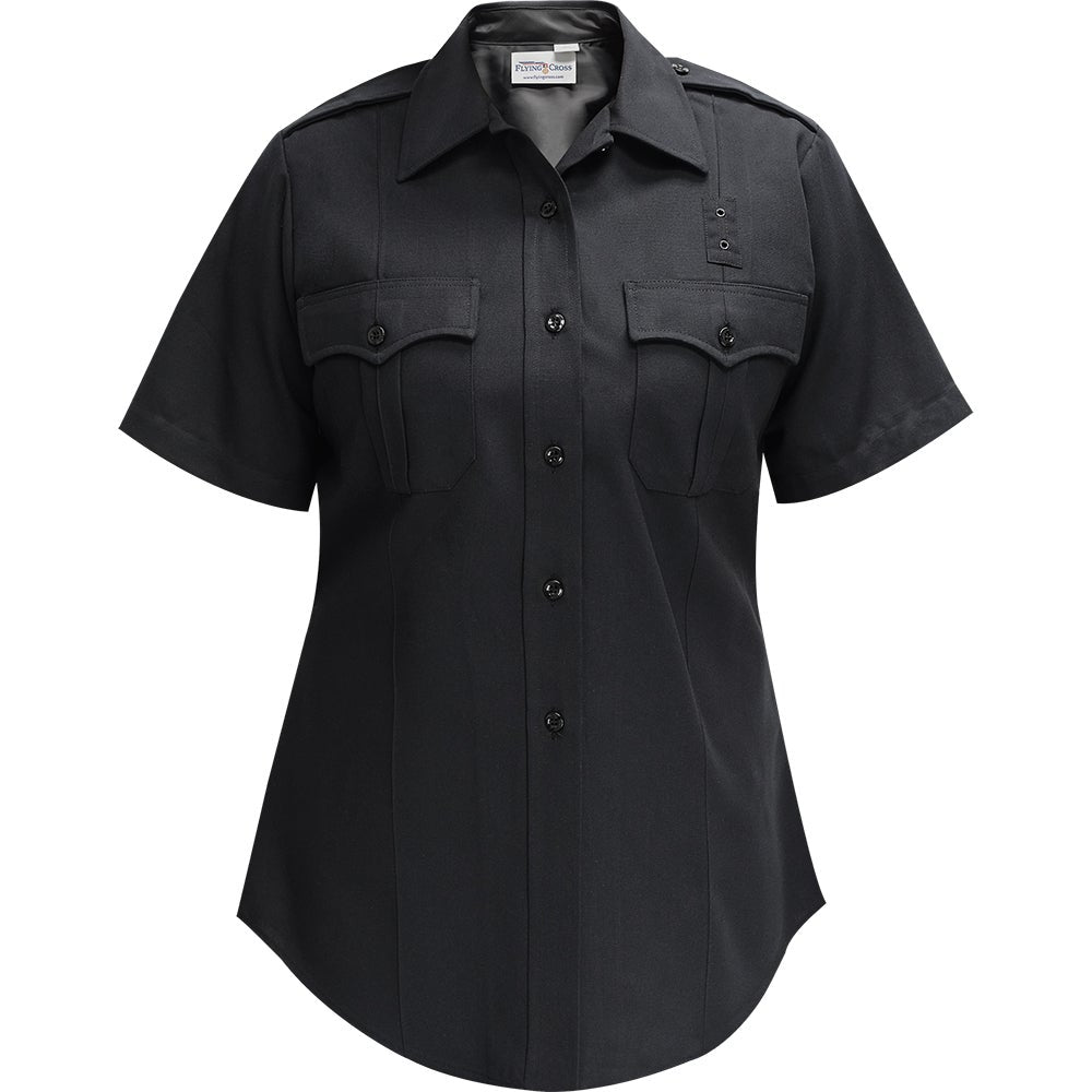 Flying Cross womens short sleeve black uniform shirt featuring a button-down front, two chest pockets, and a curved hemline