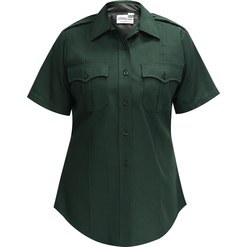 Flying Cross women's short sleeve shirt dark green fabric with black buttons and two chest pockets