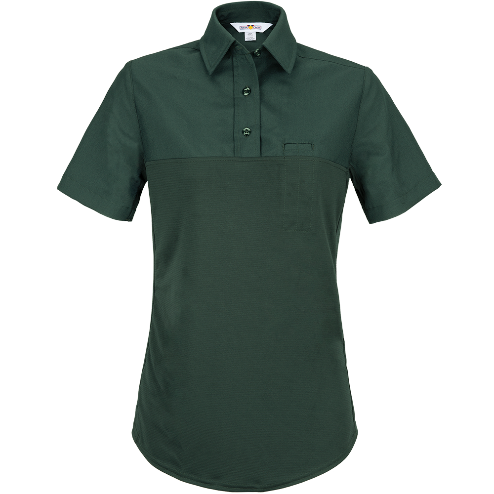 Product shot of a dark-green women's short-sleeve polo shirt with a contrasting texture and a small chest pocket featuring a button-down collar and a curved hemline