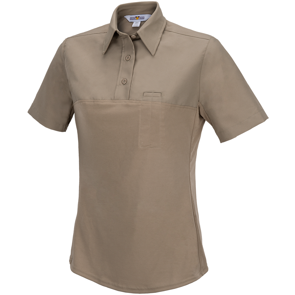 Product shot of a beige women's short-sleeve polo shirt with a contrasting textured lower section and a small chest pocket featuring a button-down collar and a subtle ribbed fabric detail