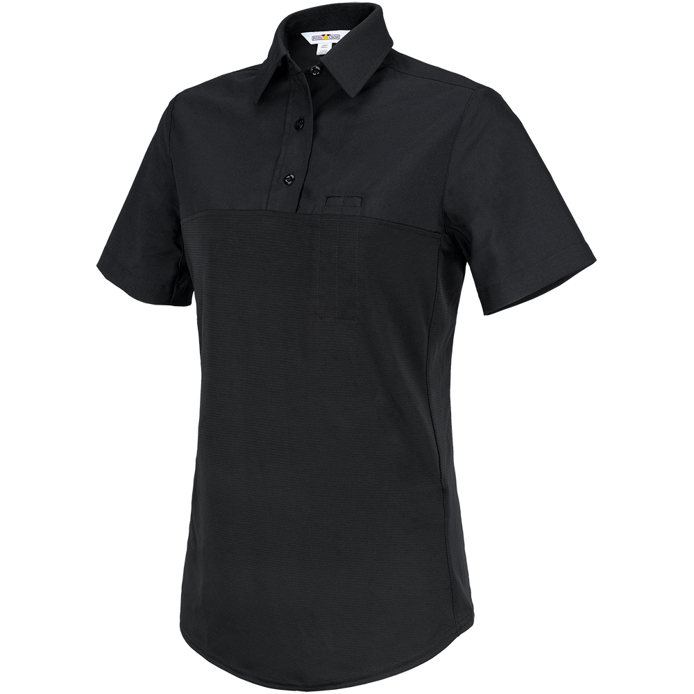 Product shot of a black women's short-sleeved polo shirt featuring a contrasting textured lower section and a small chest pocket showing a button-down collar and short sleeves