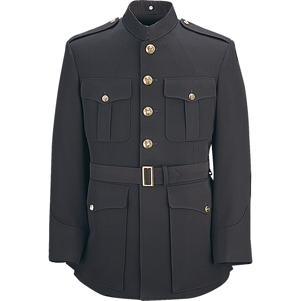 A photograph of a dark navy blue US Marine Corps service dress coat featuring gold buttons, a mandarin collar, and a belted waist