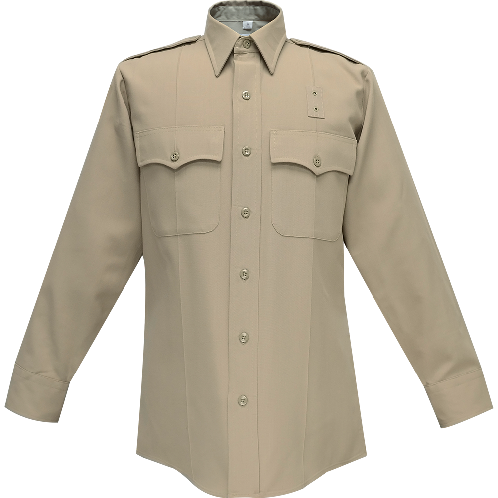 Product shot of a beige long-sleeved uniform shirt featuring two breast pockets, button closures, and a muted color palette showing subtle texture and stitching details