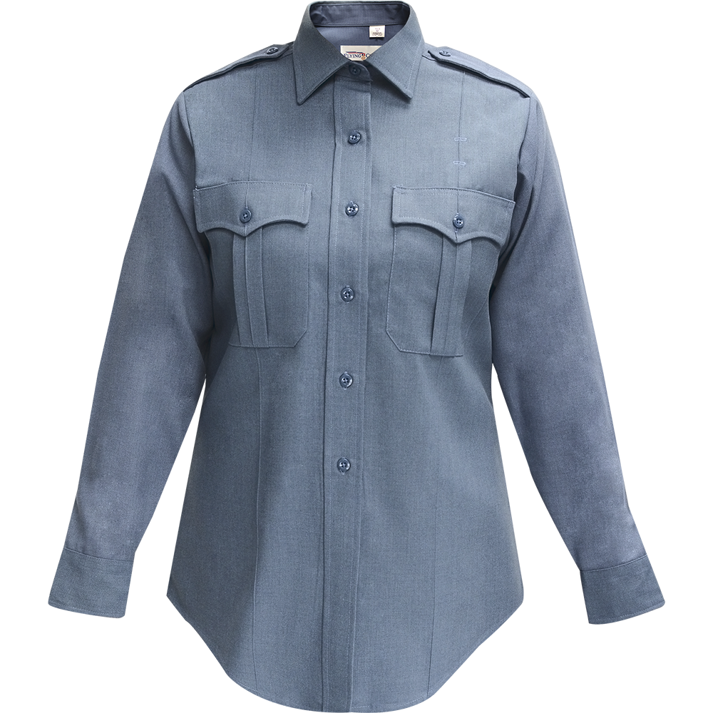 Product shot of a grey long sleeve women's uniform shirt with button-down front flap pockets and dark buttons displayed on a mannequin against a white background