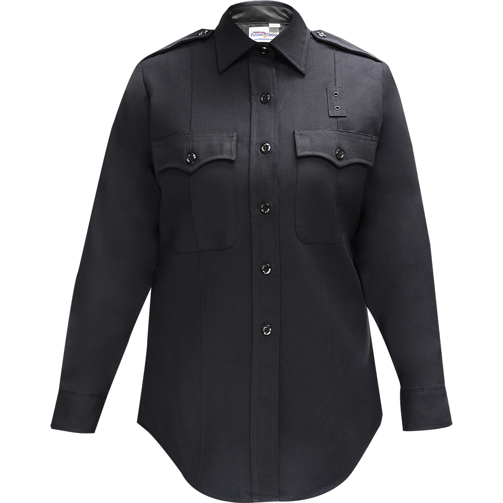 Product shot of a Flying Cross women's long sleeve black uniform shirt featuring black buttons flap pockets and epaulets