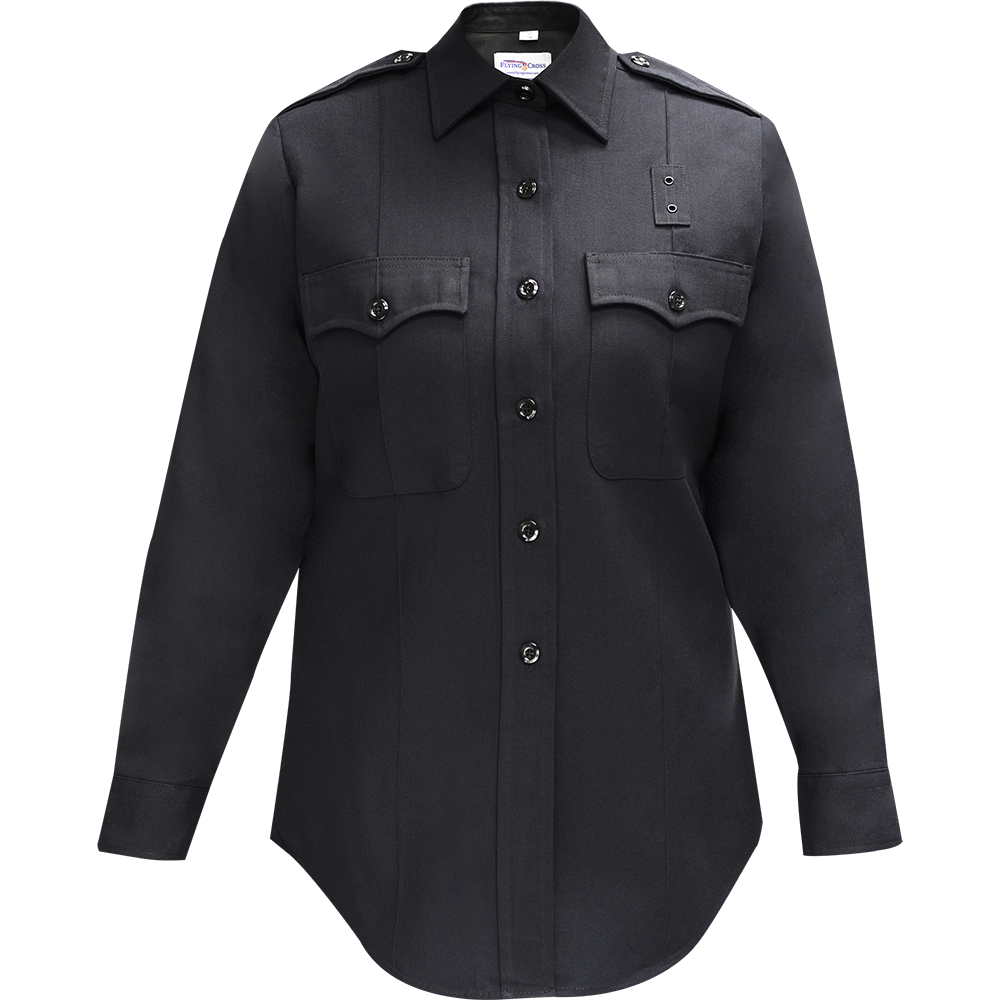 Product shot of a Five Star uniform long-sleeve black shirt featuring button-down closures, two flap pockets, and a subtle sheen on the fabric