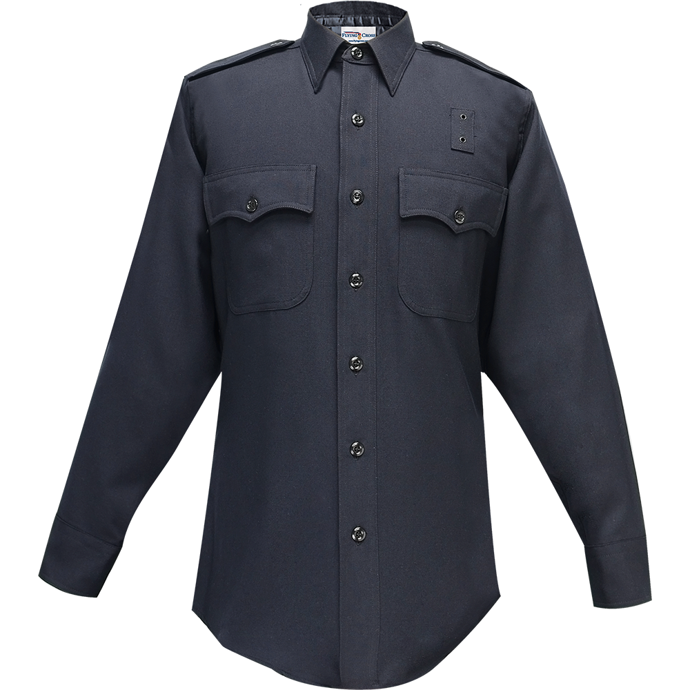 Product shot of a dark navy blue Flying Cross long-sleeve uniform shirt featuring two chest pockets, black buttons, and epaulet detail