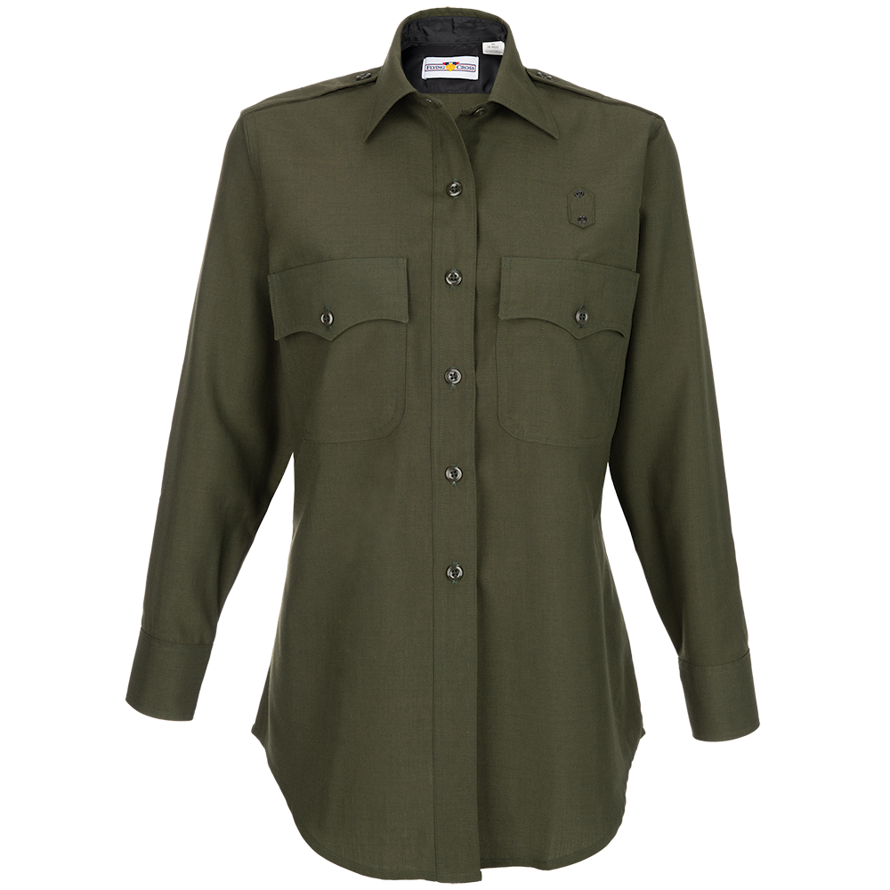 Product shot of a Flying Cross women's long-sleeve olive green uniform shirt featuring button-down front, two chest pockets with button closures, and embroidered insignia on the left chest