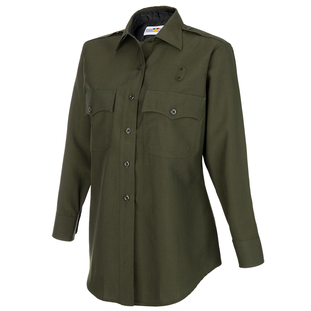 Product shot of a women's long-sleeved, olive-green uniform shirt featuring two chest pockets, black buttons, and a collared neckline