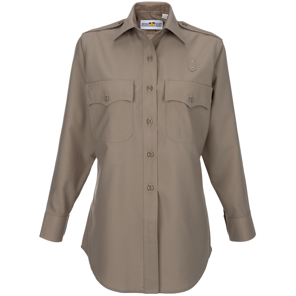 Product shot of a Flying Cross khaki long-sleeve women's uniform shirt featuring two chest pockets buttoned flaps and a button-down collar showcasing a neutral color palette and subtle stitching details