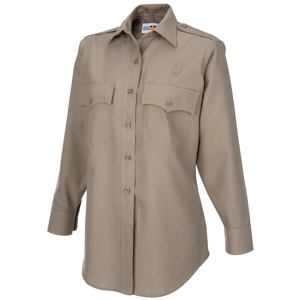 Product shot of a beige long-sleeve button-down shirt with two chest pockets and epaulets featuring a logo on the collar