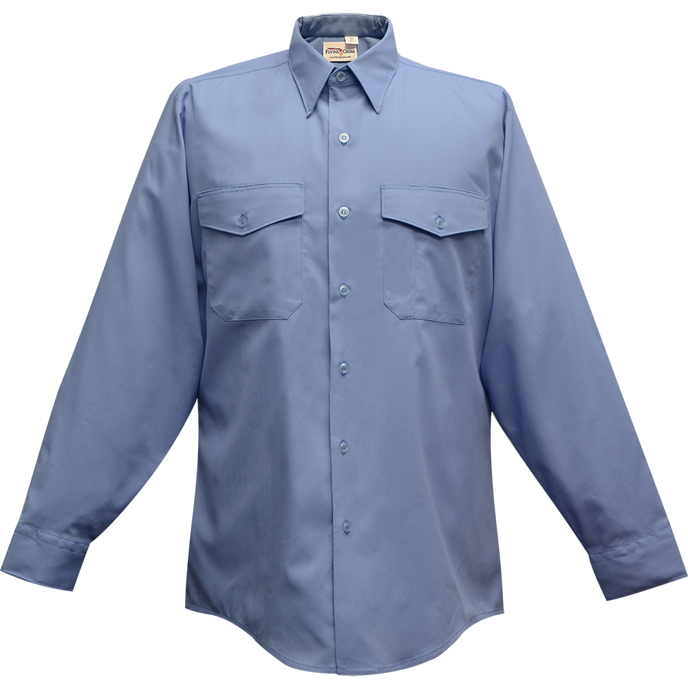 Product shot of a Flying Cross periwinkle blue long-sleeved work shirt featuring two chest pockets and button-down cuffs showcasing a crisp fabric and subtle sheen