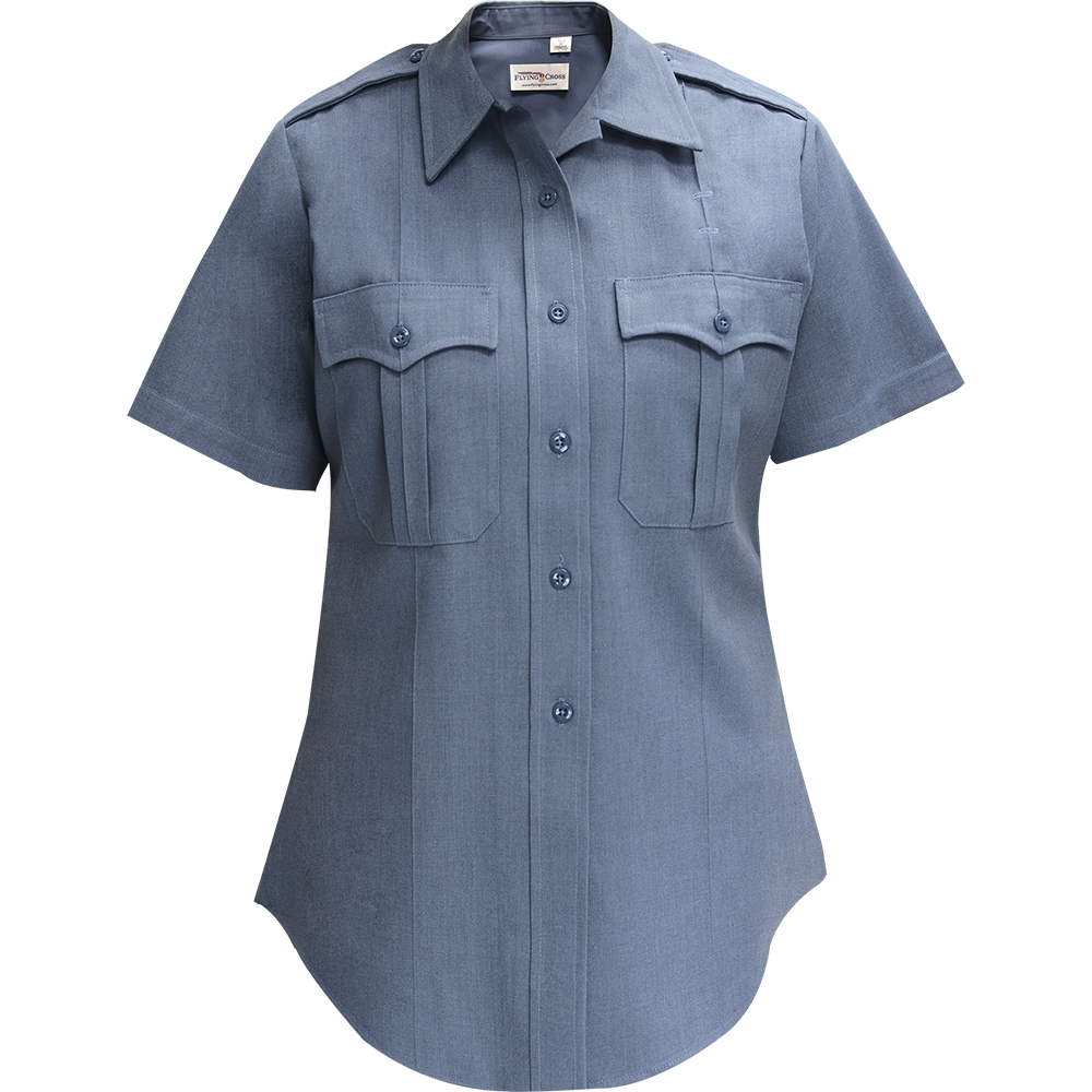 Product shot of a FlyFront Crown women's short-sleeved, steel-blue uniform shirt featuring two chest pockets, button-down closure, and subtle textured fabric.