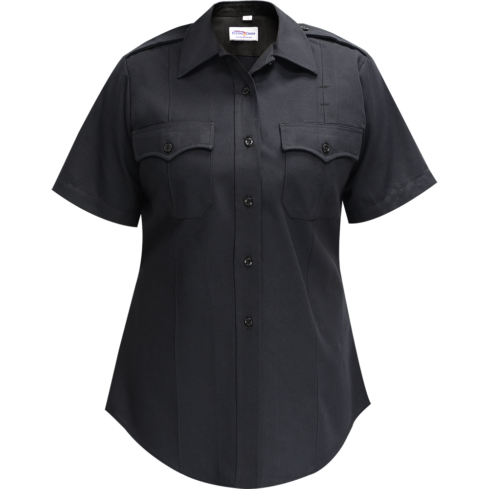 Product shot of a Flying Cross women's short-sleeve, dark navy blue uniform shirt featuring two chest pockets, a button-down front, and a classic collar