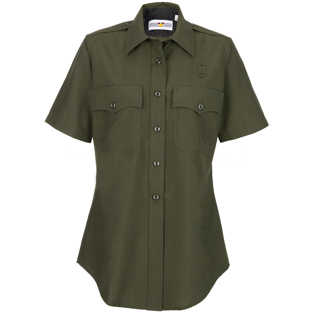 Flying Cross womens short sleeve olive green uniform shirt with epaulets and two flap pockets featuring a button-down front and a curved hem