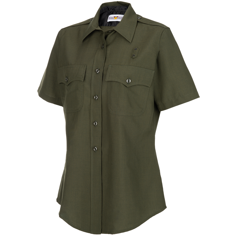 Product shot of a Flying Cross women's short-sleeve olive green uniform shirt featuring a collared neckline, button closures, and two flap pockets showcasing its durable fabric and classic design