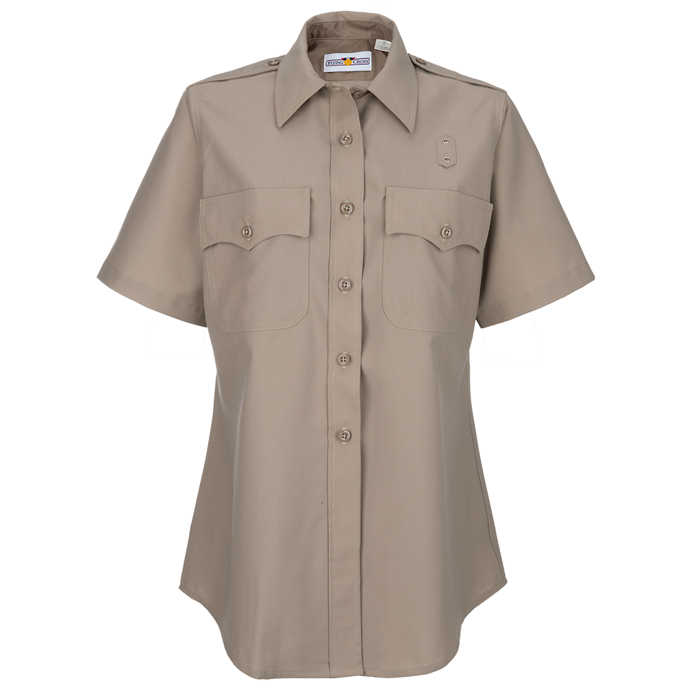 Product shot of a tan Flying Cross women's short-sleeve uniform shirt featuring two chest pockets, button-down front, and a subtle logo