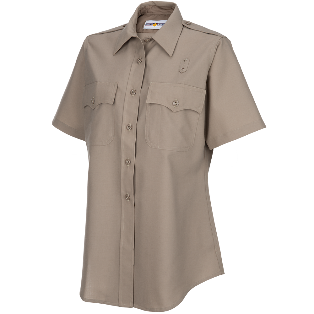 Product shot of a beige Flying Cross women's short-sleeve uniform shirt featuring two chest pockets, button-down front, and a subtle collar design